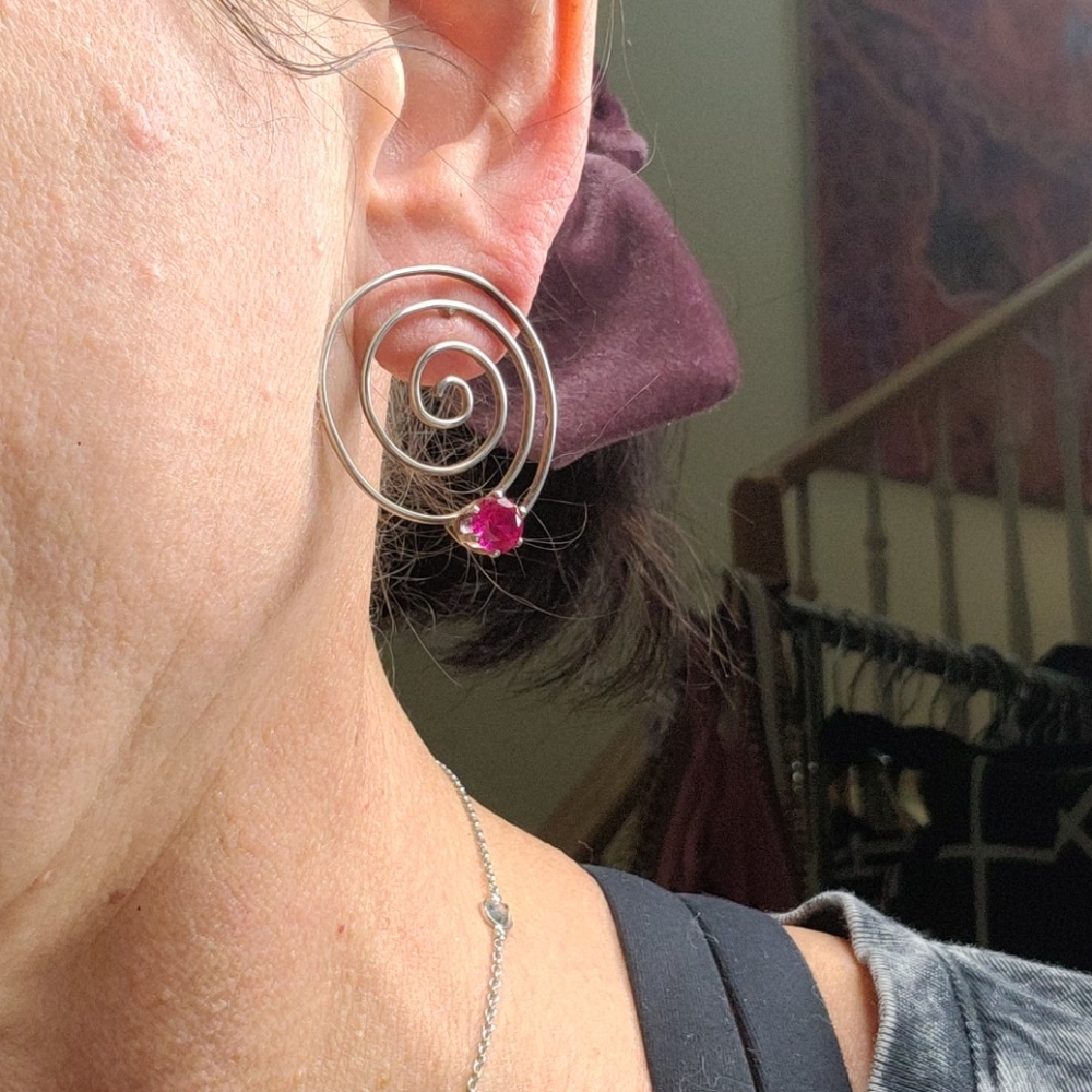 Stud Earrings Sterling Silver Spiral Shape Synthetic Ruby Handmade Eclectic Gift - Picture 4 of 6